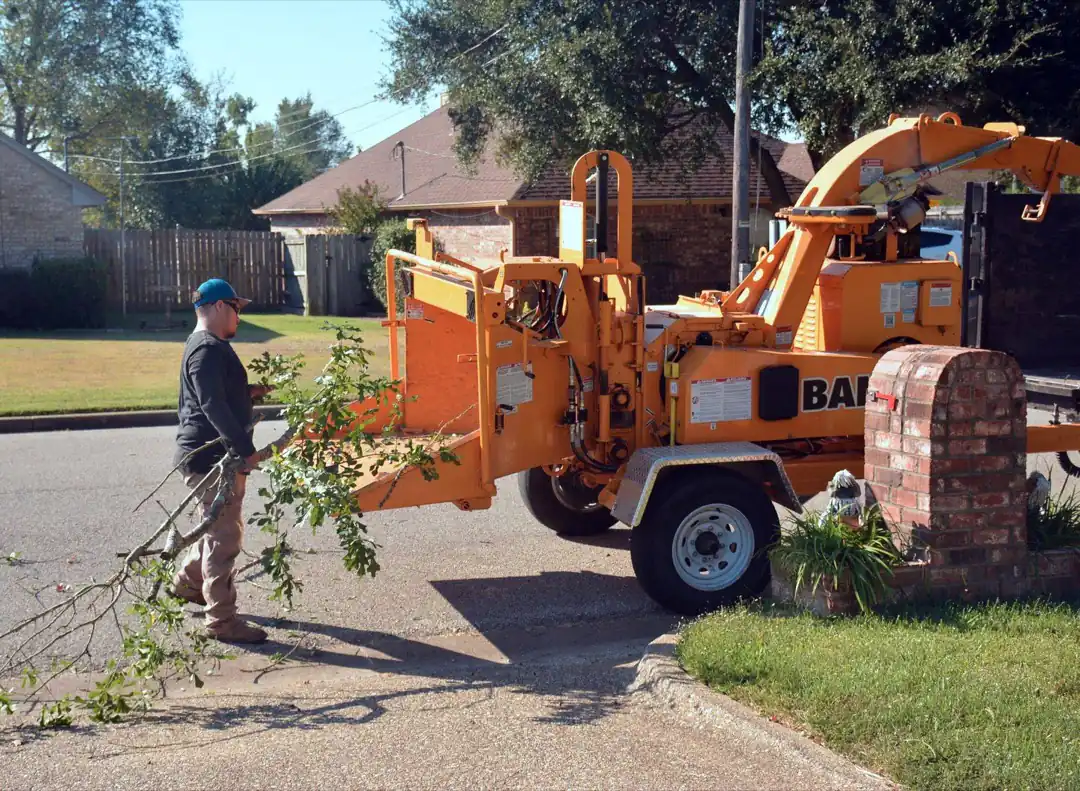 Brush being fed into a chipper on a suburban driveway